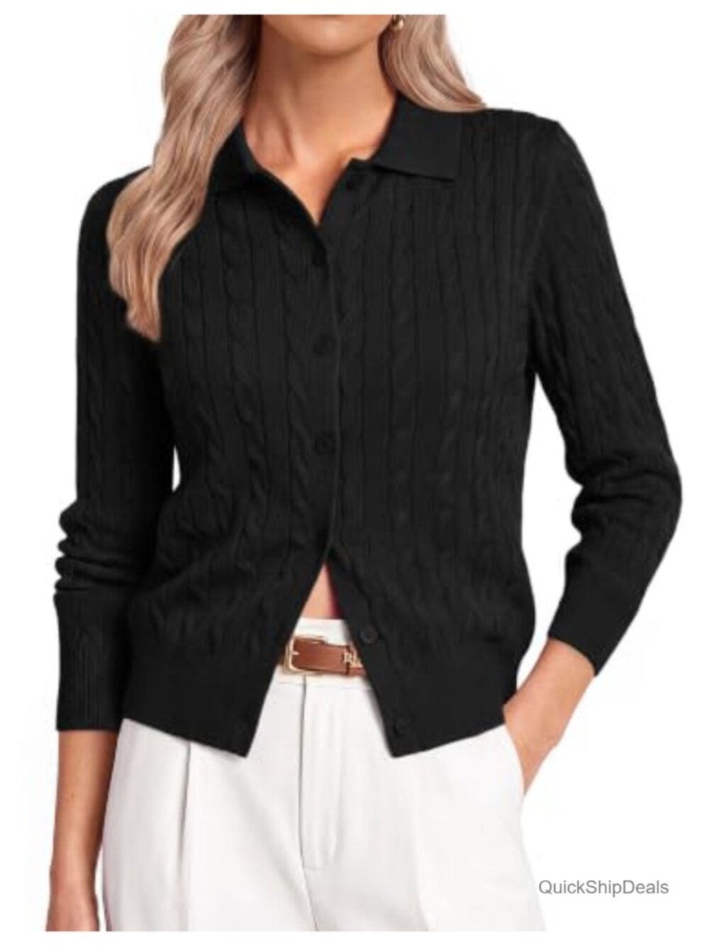 Cable Knit Button-Up Cardigan Long Sleeve Collared Sweater for Women